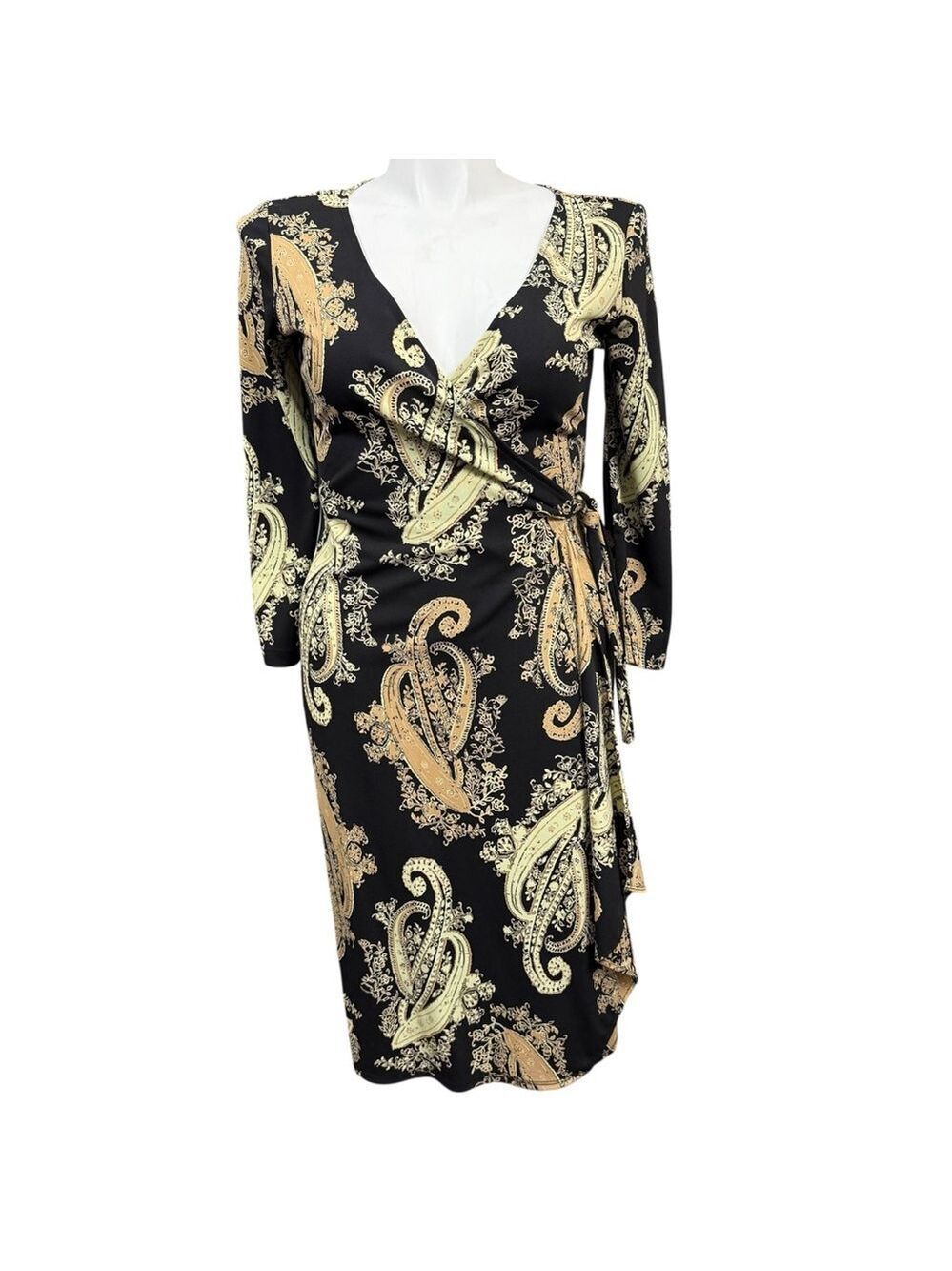 BCBG Max Azria Wrap Dress Black Gold Paisley Print Long Sleeve Midi Size L